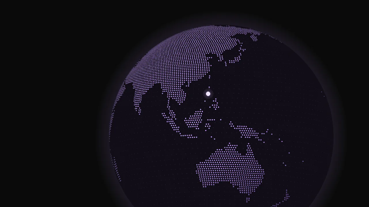 A purple dot-matrix globe with flight routes from Manila to clients worldwide — Project Web by Ghale